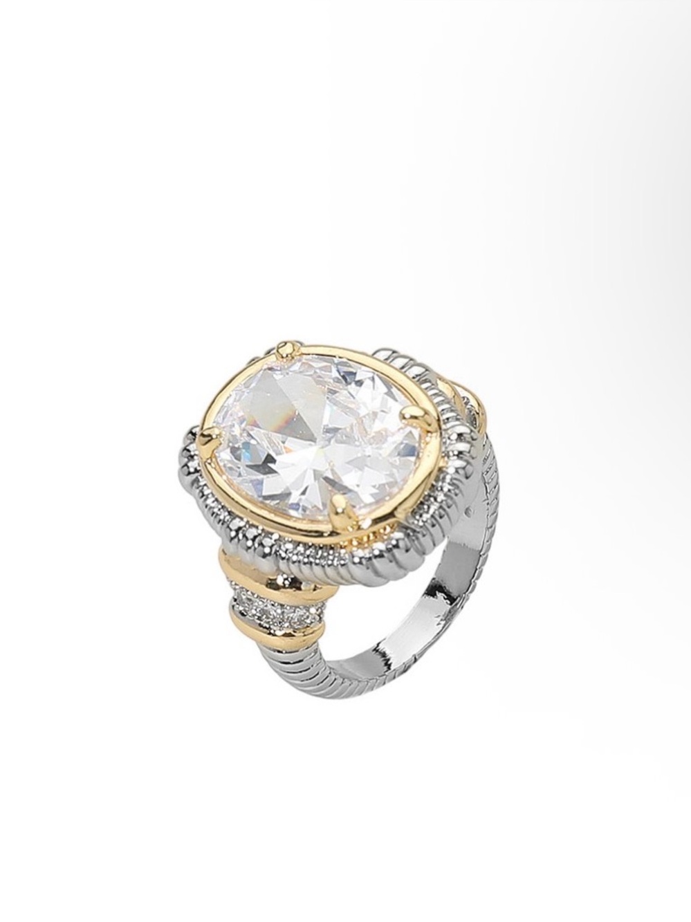Two-Tone Gold & Silver Oval Crystal Statement Ring